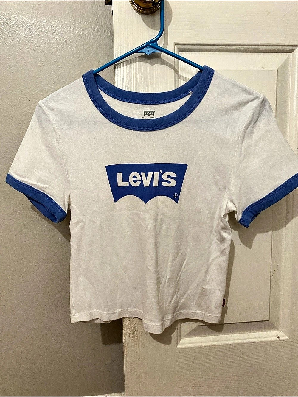 Levi's Batwing Ringer Crop T-Shirt White & Blue Medium